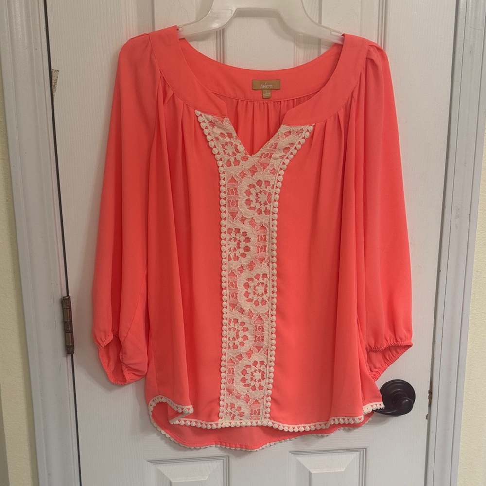 Takara Coral Blouse with White Lace Detail